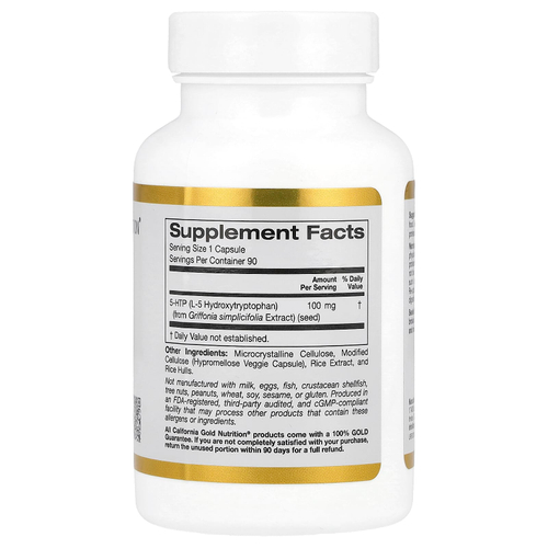 California Gold Nutrition, 5-гидрокситриптофан, поддержка хорошего настроения, экстракт семян гриффонии простолистной из Швейцарии, 100 мг, 90 вегетарианских капсул