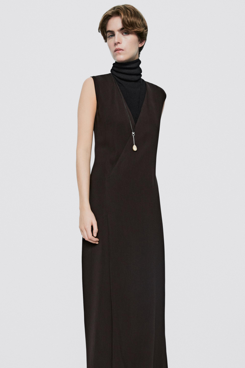 Massimo Dutti Платье-миди с V-образным вырезом - Limited Edition, коричневый