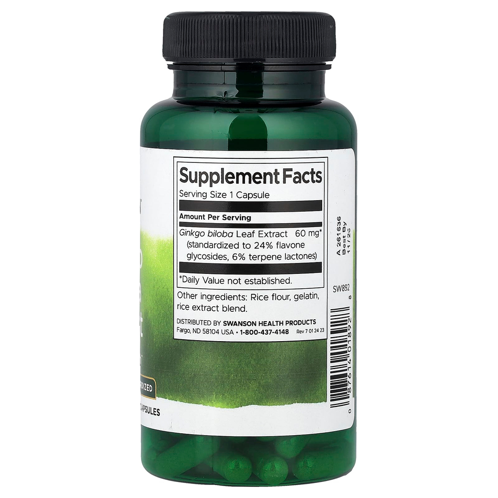 Swanson Vitamins, экстракт гинкго билоба, стандартизированный, 60 мг, 120 капсул