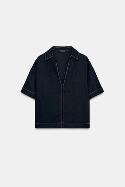 ZARA ТОП ИЗ ЛЬНА С КОНТРАСТНОЙ ОТДЕЛКОЙ, МОРСКОЙ СИНИЙ