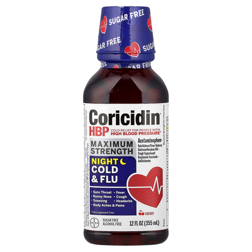 Coricidin HBP, средство от простуды и гриппа, ночное действие, максимальная сила действия, вишня, 355 мл (12 жидк. унций)