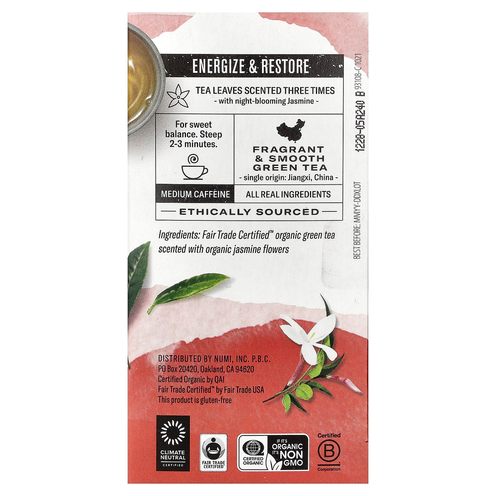 Numi Tea, Органический зеленый чай, зеленый жасмин, 18 чайных пакетиков, 1,27 унции (36 г)