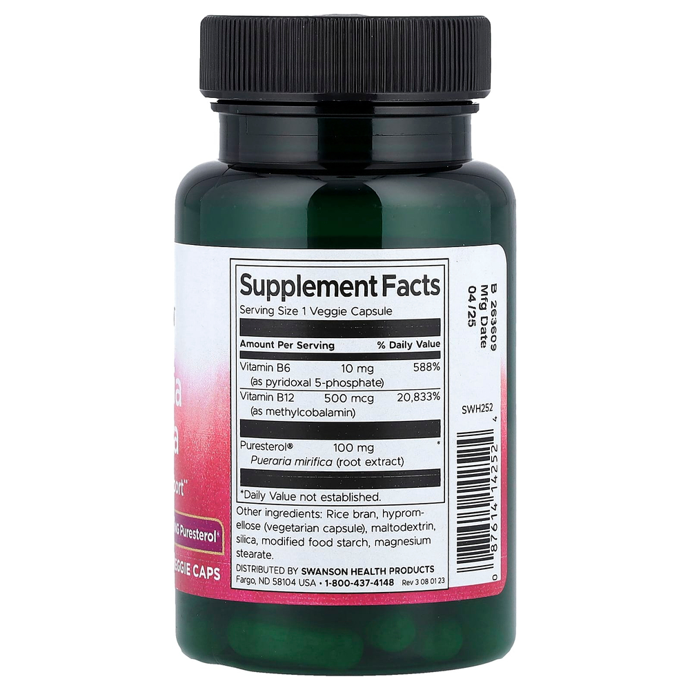 Swanson Vitamins, Пуэрария мирифика с витаминами B6 и B12, 60 растительных капсул