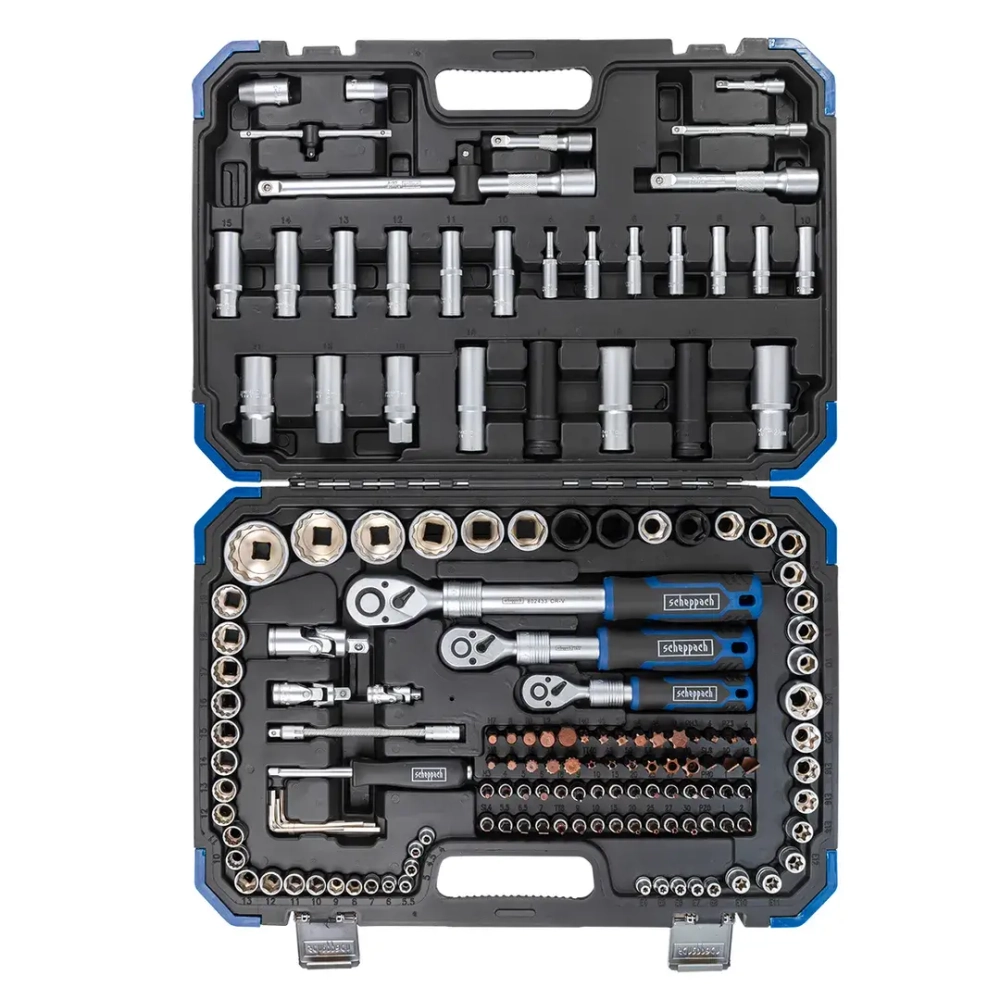 Набор инструментов 150+6пр.1/4''3/8''1/2''(6-гр.)(4-36мм, 3/8'':10-19мм 12гр., 1/2'':27,30,32,36-12гр.)+(биты 5/16'':М6,8,10,12,14, гибкий удлинитель 1/4'') Scheppach Sch-41501-5 (Premium)