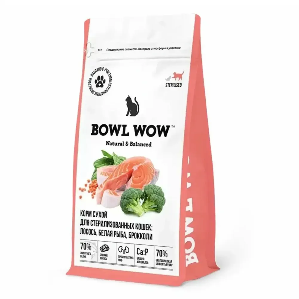 Сухой корм BOWL WOW для стерилизованных кошек с лососем, белой рыбой и брокколи