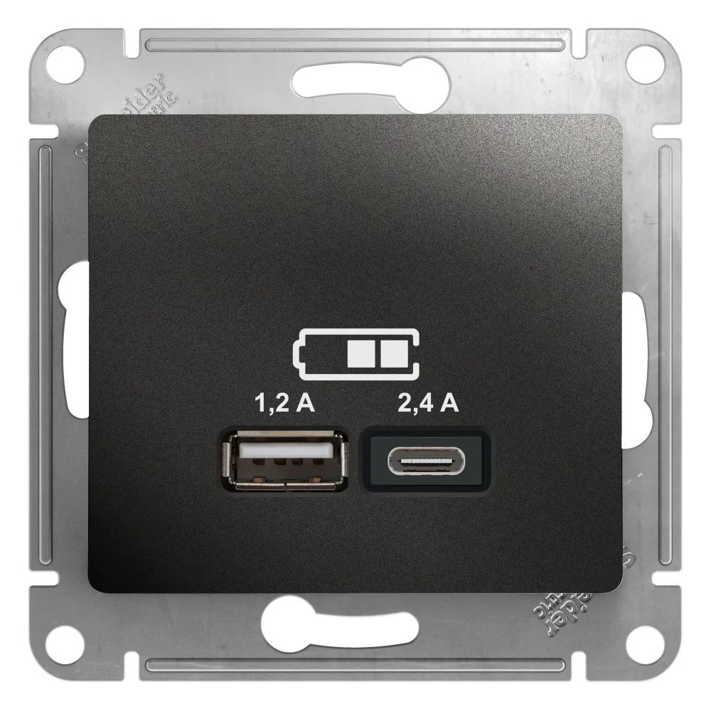 GLOSSA USB РОЗЕТКА А+С, 5В/2,4А, 2х5В/1,2А, механизм, АНТРАЦИТ