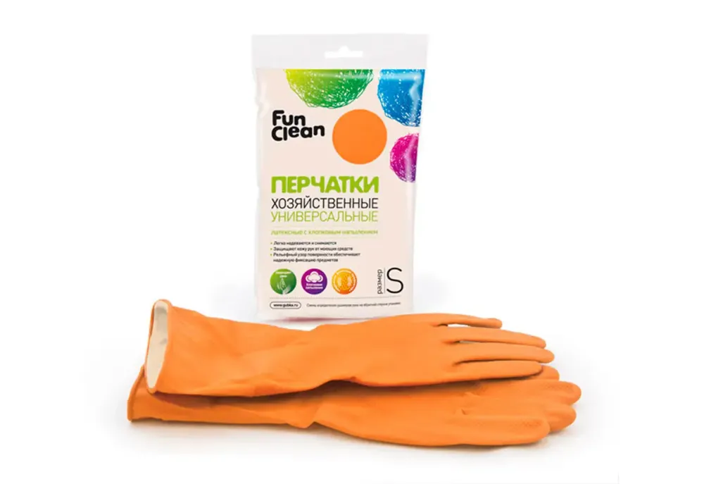 Перчатки хозяйственные Fun Clean универсальные оранжевые, S Перчатки хозяйственные Fun Clean универсальные оранжевые, S