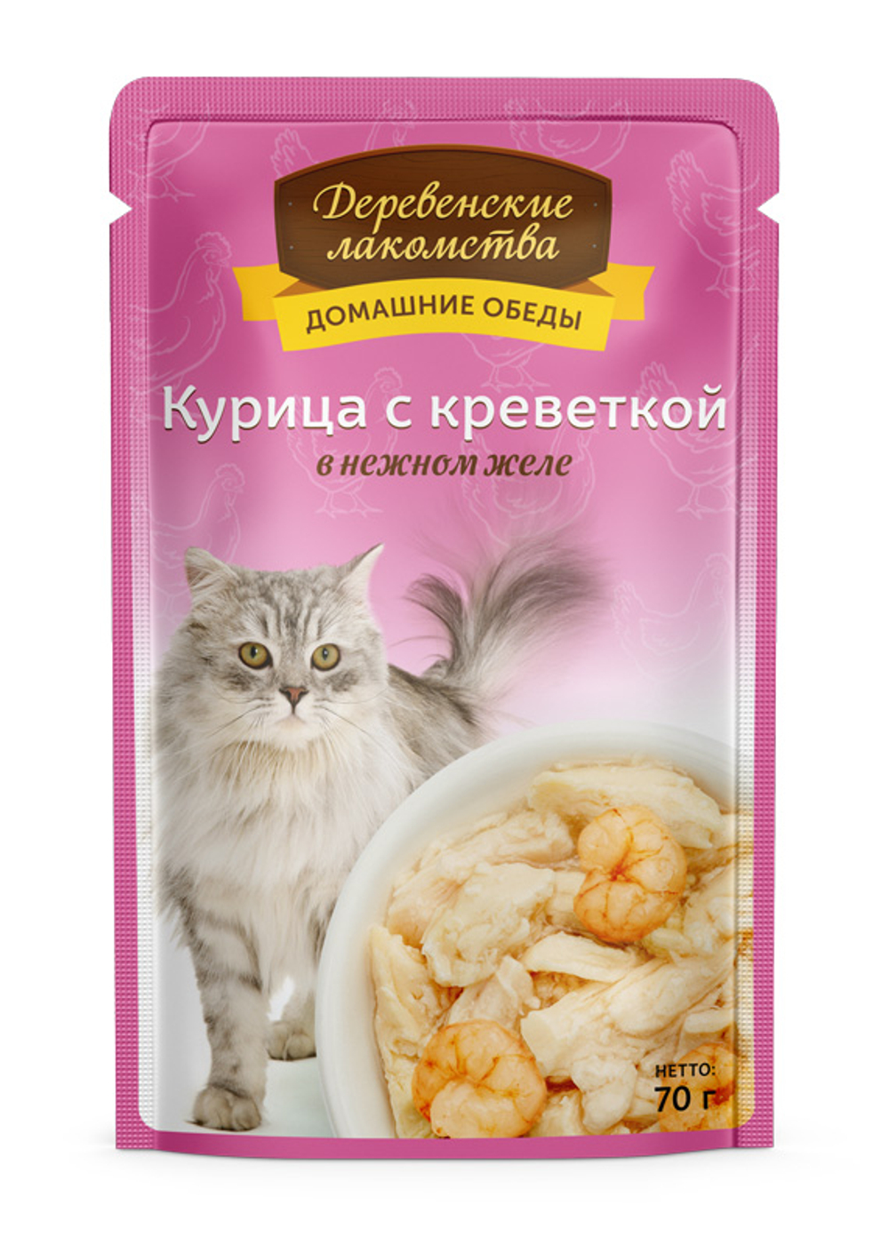 ДЕРЕВЕНСКИЕ ЛАКОМСТВА Пауч для кошек с курицей с креветкой в нежном желе 0,07 кг