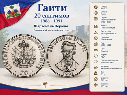 Гаити 20 сантимов, 1991 Шарлемань Перальт XF