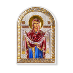 Икона Покрова Божией Матери 48х68 мм, Пластиковый оклад, посеребренная вставка с эмалью, белый
