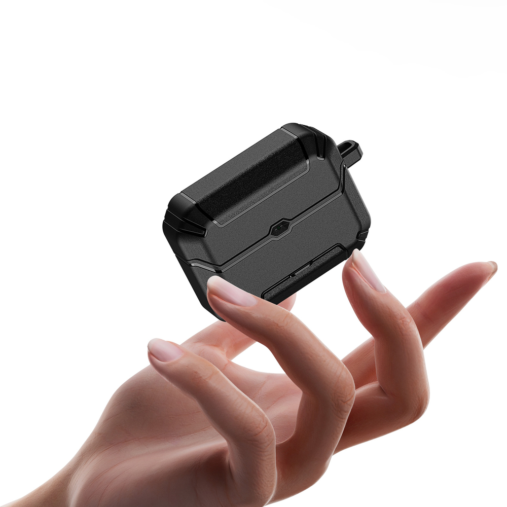 Противоударный чехол черного цвета для наушников AirPods Pro 2, серия PECS Series (с карабином и подставкой) от Dux Ducis