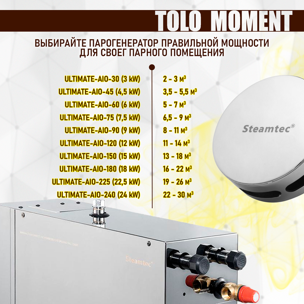 Steamtec TOLO MOMENT 30 - 3 кВт парогенераторы для хамама и турецкой бани / Cерия PLATINUM со встроенной музыкой, пультом на 9-ти языках и возможностью монтажа без термодатчиков
