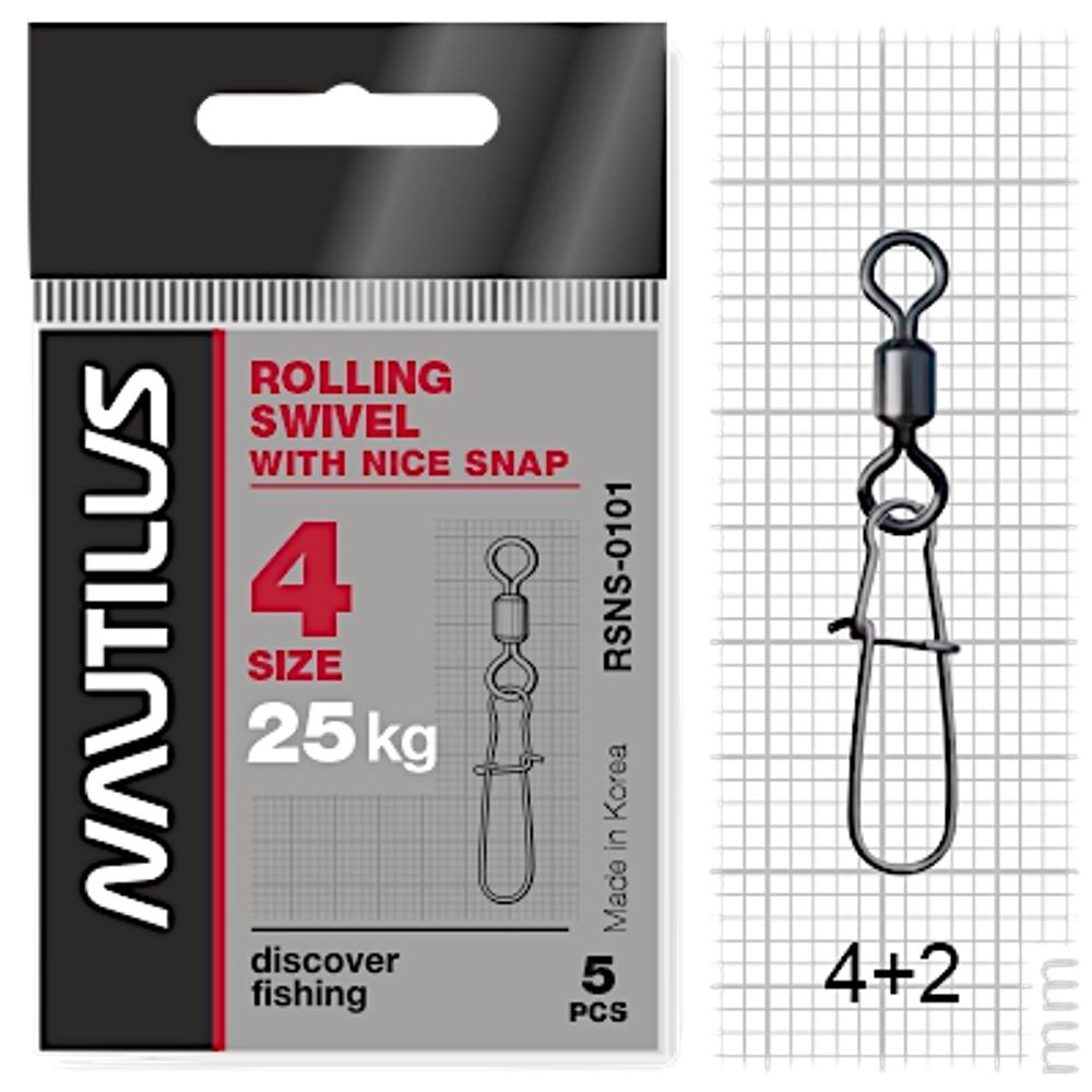 Вертлюг с застёжкой Nautilus RSNS-0101 02# 30кг 5шт Rolling Swivel RN-0101 with Nice Snap