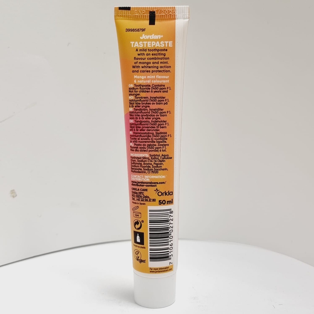 Отбеливающая зубная паста Jordan Tastepaste Mango Mint с фтором со вкусом манго 50 мл (из Финляндии)