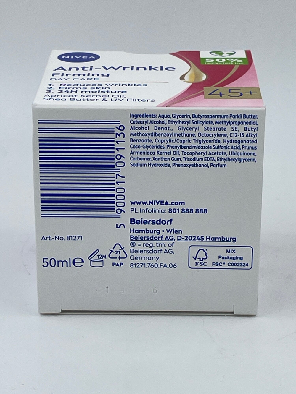 Дневной крем для лица Nivea Anti-Wrinkle Firming 45+, с маслом ши и абрикоса, с УФ-фильтром, 50 мл (Германия)