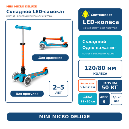 Самокат Mini Micro Deluxe складной LED, неоновый голубой/оранжевый