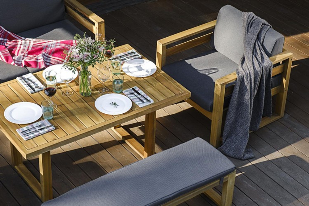 Диванный комплект из акации Joygarden БУКА с обеденным столом, Natural Teak, серый
