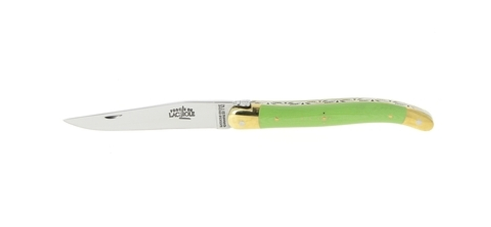 Folding knife, 11 cm blade, 2 brass bolsters, shiny finish, Green compressed Fabric handle