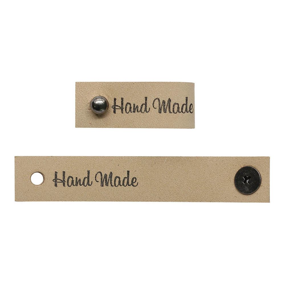Бирка кожаная с кнопкой ""Hand Made"" 1,3х7см, уп.4 шт (бежевый)