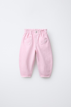 ZARA БРЮКИ BAGGY ИЗ САРЖИ С КАРМАНАМИ-СЕРДЕЧКАМИ, РОЗОВЫЙ