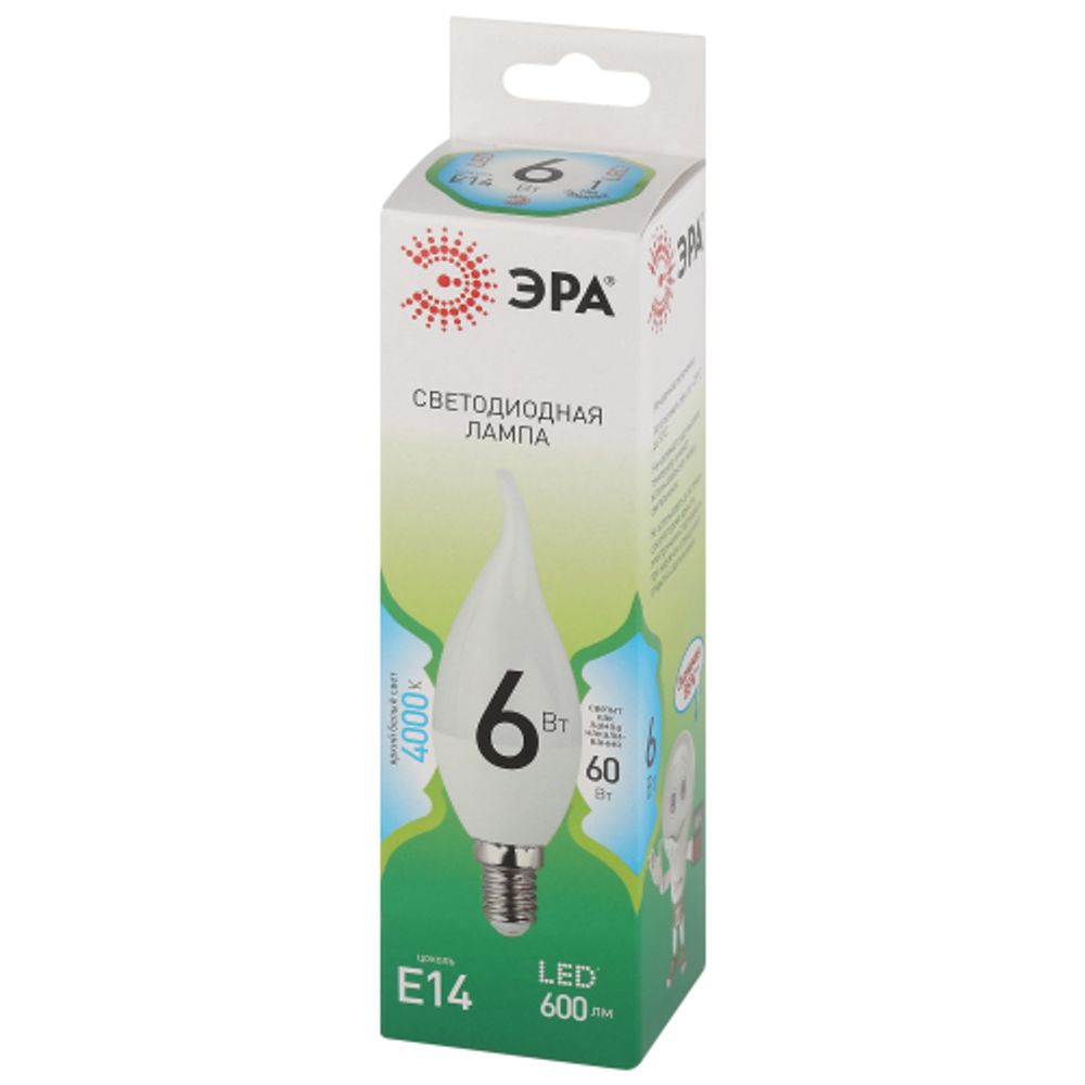 Лампа светодиодная ЭРА GREEN LINE LED BXS-6W-840-E14 GL 6Вт свеча на ветру яркий белый свет E14 | Лампы cветодиодные Свеча (B/C)
