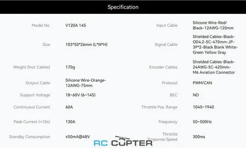 ESC регулятор мотора T-Motor V120A 6-14S PWM/CAN
