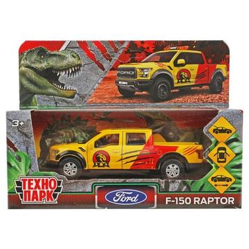 Машина металл FORD F150 RAPTOR ДИНОЗАВРЫ 12 см, двер, баг, ин, желтый, кор. Технопарк