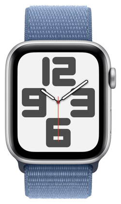 Apple Watch SE 2023, 44 мм, корпус из алюминия серебристого цвета, спортивный браслет цвета «ледяной синий»