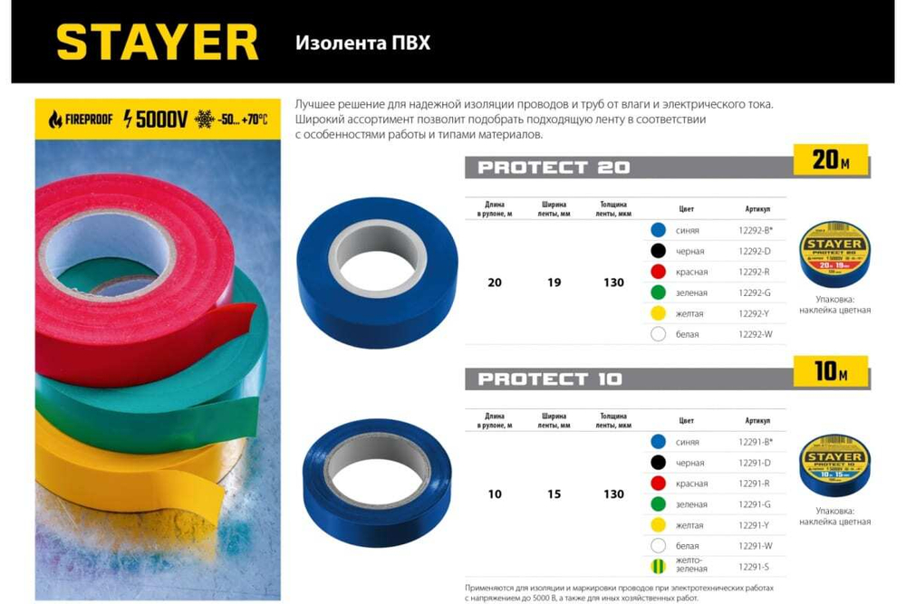 Изоляционная лента ПВХ STAYER Protect-20 19 мм х 20 м, красная 12292-R