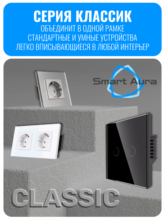 Розетка с зарядным устройством USB и Type-C Smart Aura серия Classic с рамкой из стекла