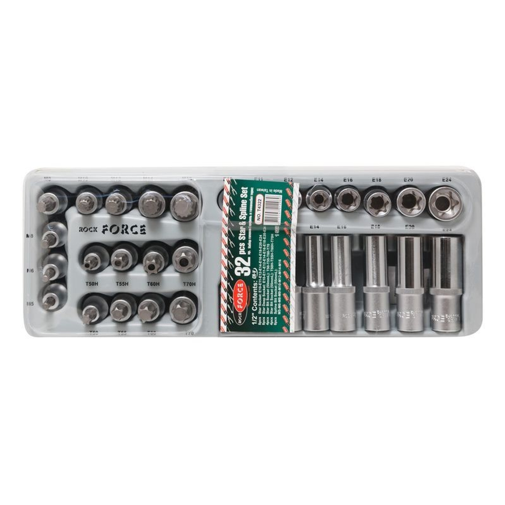 Головки Е-профиль, насадки TORX, Spline, н-р 32пр., 1/2" (Е10-Е24,Т50-Т70,М5-М16) в лотке RockForce Т4322