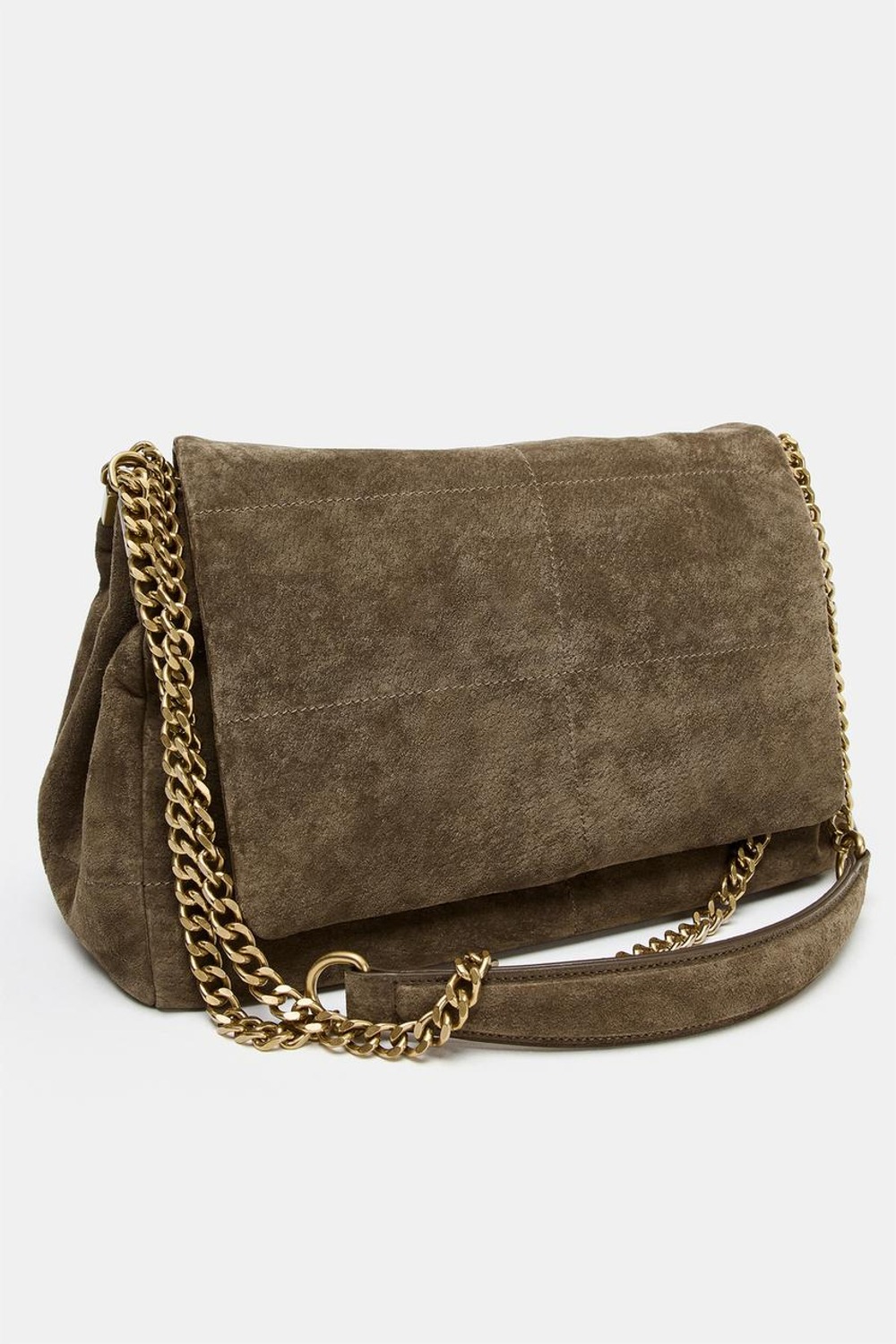 ZARA КОЖАНАЯ СУМКА НА ПЛЕЧО С КЛАПАНОМ, ЗЕЛЕНЫЙ ХАКИ