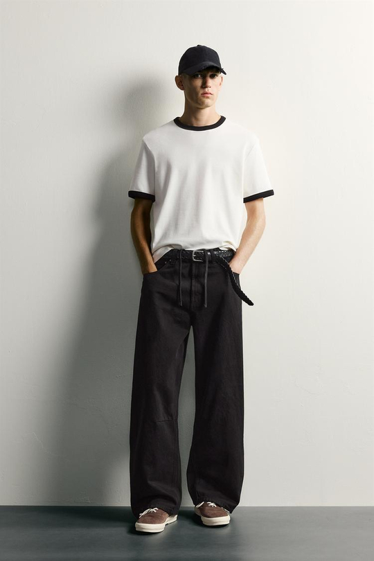ZARA БРЮКИ С ПРИНТОМ BARREL FIT НА ШНУРКЕ, ЧЕРНЫЙ