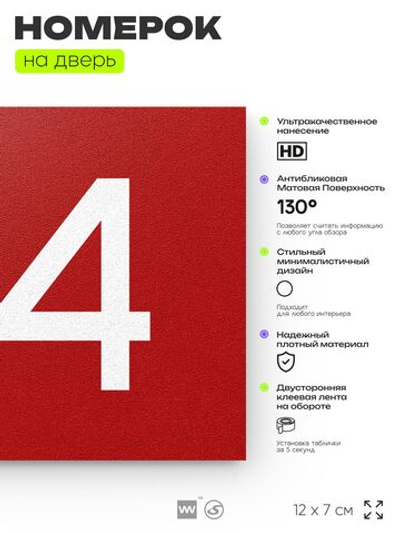 Номер на дверь 414, табличка на дверь для офиса, квартиры, кабинета, аудитории, склада, красная 120х70 мм, Айдентика Технолоджи