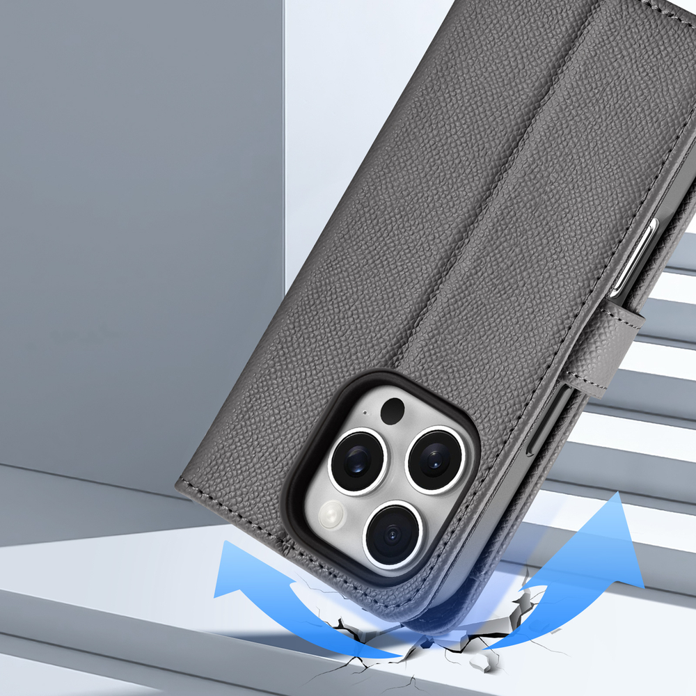 Чехол кошелек из TPU кожи серого цвета от Dux Ducis для смартфона iPhone 16 Pro, серия Lawa Series Case