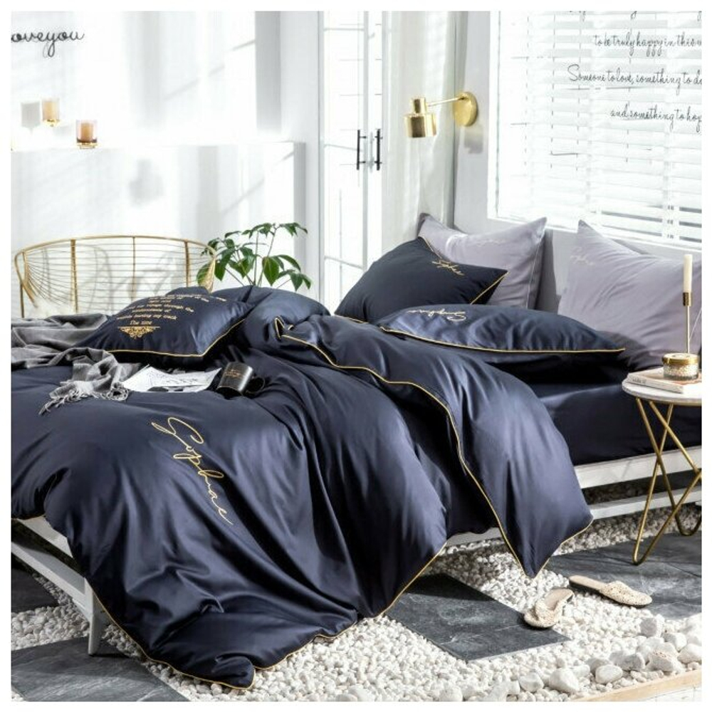 Комплект постельного белья Mency Dark blue Евро, Жатка, наволочки 50х70