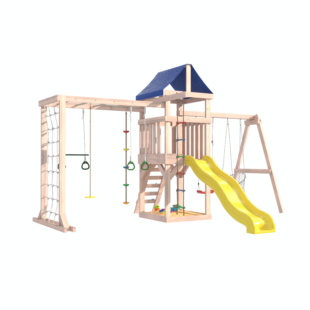 Детская площадка Fun Land неокрашенная с сеткой, рукоходом, качелями и плетенным креслом