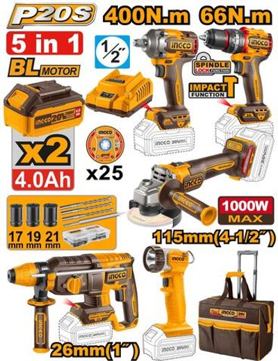 Набор аккумуляторного инструмента 5шт. Li-Ion 20 В INGCO CKLI2059 INDUSTRIAL