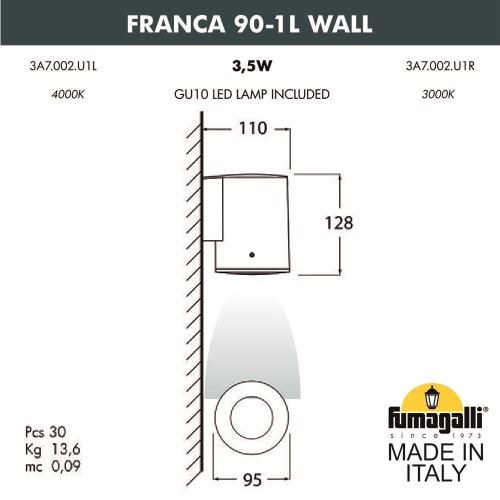 Уличный настенный светильник Fumagalli FRANCA 90 3A7.002.000.WXU1L