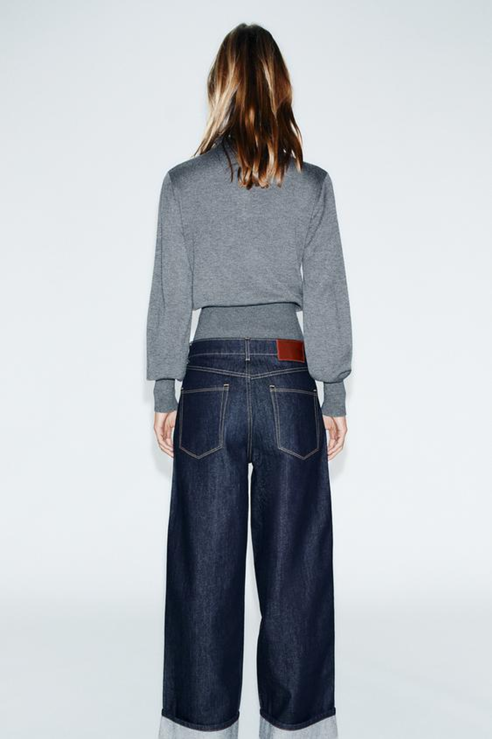 ZARA ДЖИНСЫ Z1975 С КОМБИНИРОВАННОЙ ТКАНЬЮ, ВЫСОКОЙ ПОСАДКОЙ И ОТВОРОТАМИ, СИНИЙ