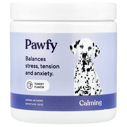 Pawfy, Успокаивающее, для собак, для детей старше 6 месяцев, для индейки, прибл. 45 жевательных таблеток, 113 г (4 унции)