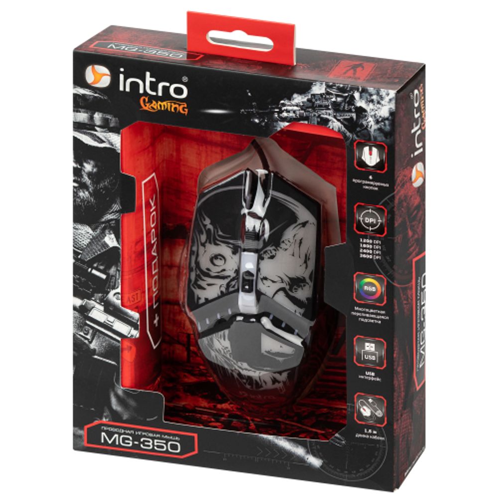 Мышь Intro MG350 игровая проводная 1200-3600dpi с ковриком черная | Мыши