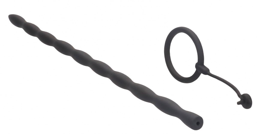 Черный стимулятор уретры с кольцом на головку Silicone Plug & Cock Ring Set (Цвет: черный)