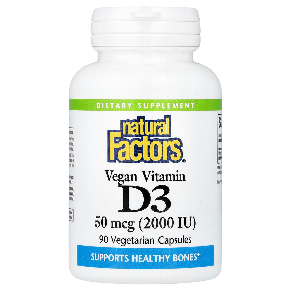 Natural Factors, Веганский витамин D3, 50 мкг (2000 МЕ), 90 вегетарианских капсул