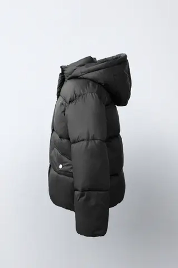 ZARA СТЕГАНАЯ КУРТКА WATER-REPELLENT С КАПЮШОНОМ, ЧЕРНЫЙ