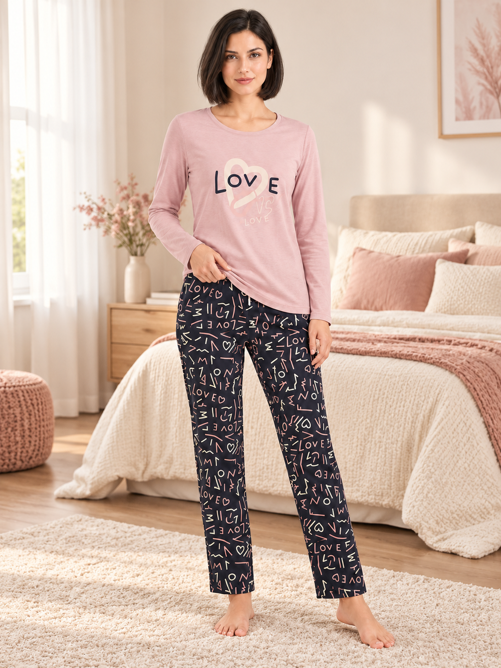 Женская пижама-комплект RUBINA Secret Homewear: верх и брюки, розовая LOVE