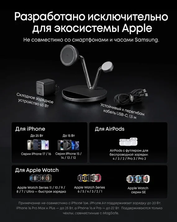 Беспроводная зарядная док-станция Anker Prime 3 в 1 MagGo, AirCool (B25X7) черный (Black Stone)