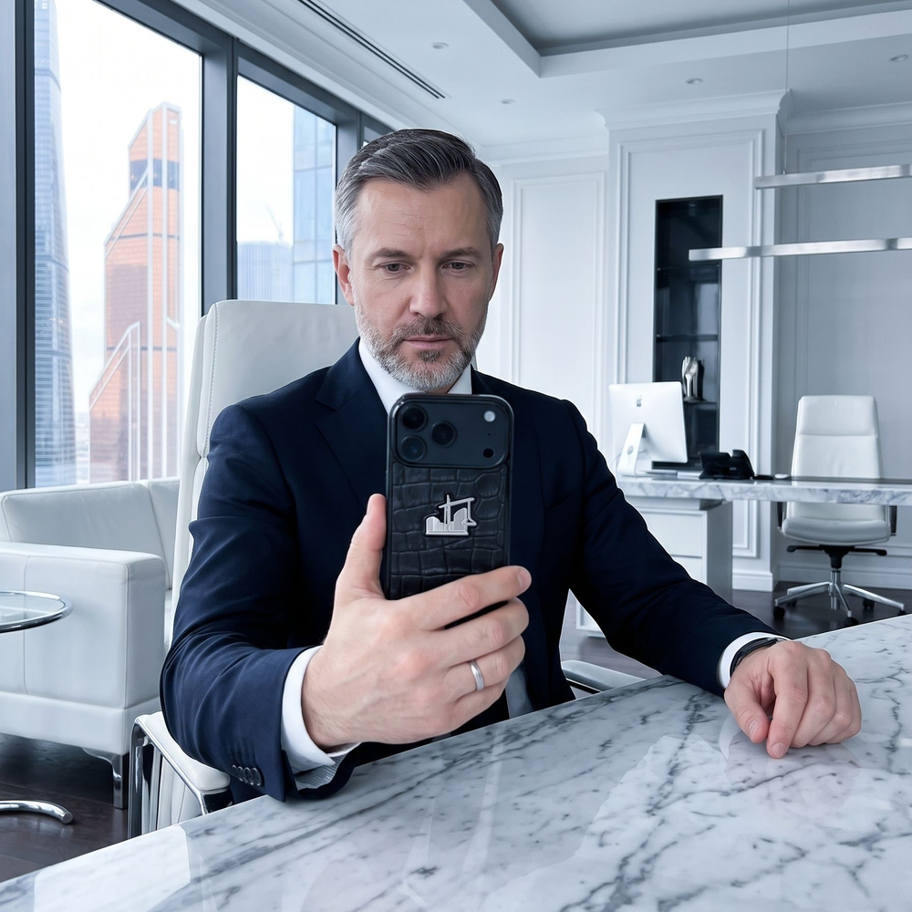 Чехол iPhone 18 pro max Euphoria Builder CROC Leather — мужчина в офисе держит телефон