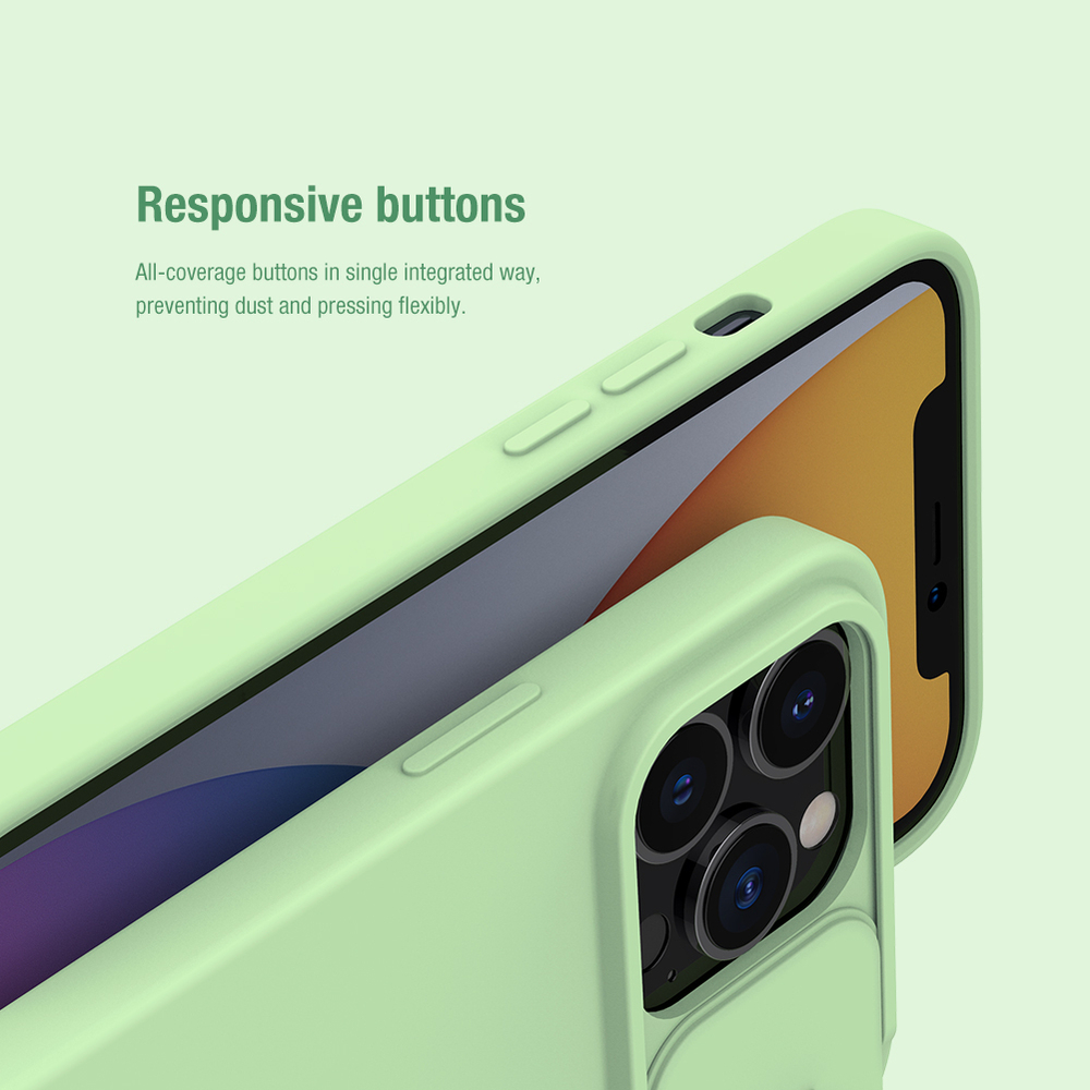 Чехол мятного цвета (Mint Green) с мягким шелковистым покрытием от Nillkin для iPhone 13 Pro, серия CamShield Silky Silicone Case с защитной шторкой для камеры