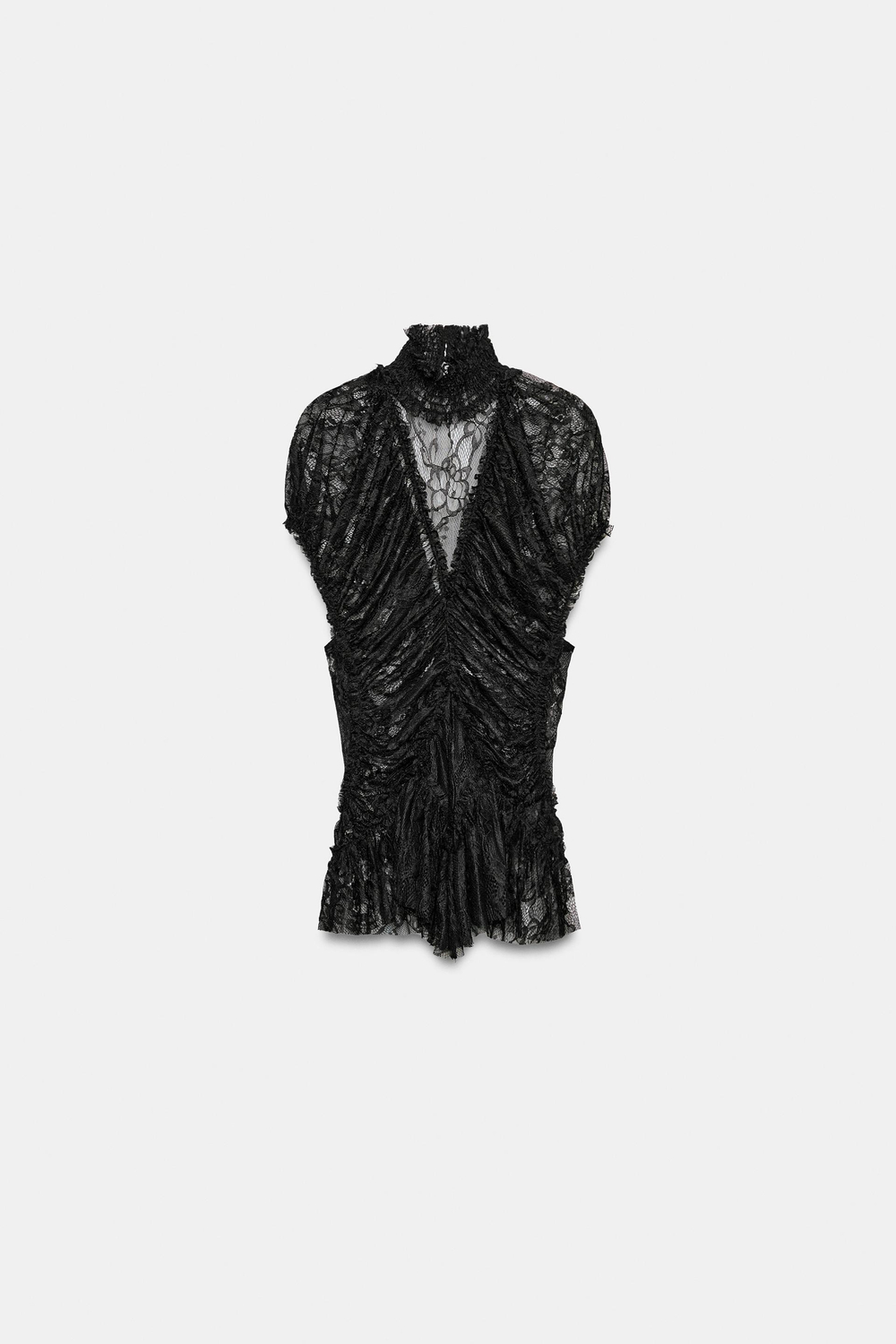 ZARA КРУЖЕВНОЙ ТОП СО СБОРКАМИ, ЧЕРНЫЙ